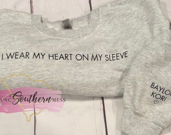 Heart On My Sleeve Sweatshirt, Personalized Mom Sweatshirt, Children's Names on Sleeve Sweatshirt, Custom Gift for Mom, Gift for Grandma