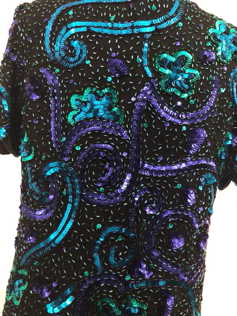 Vintage 1980/'s Blue and Purple Sequined Beaded Top 80/'s Formal Evening Blouse Sequin Fashion Date Night Size Medium Laurence Kazar