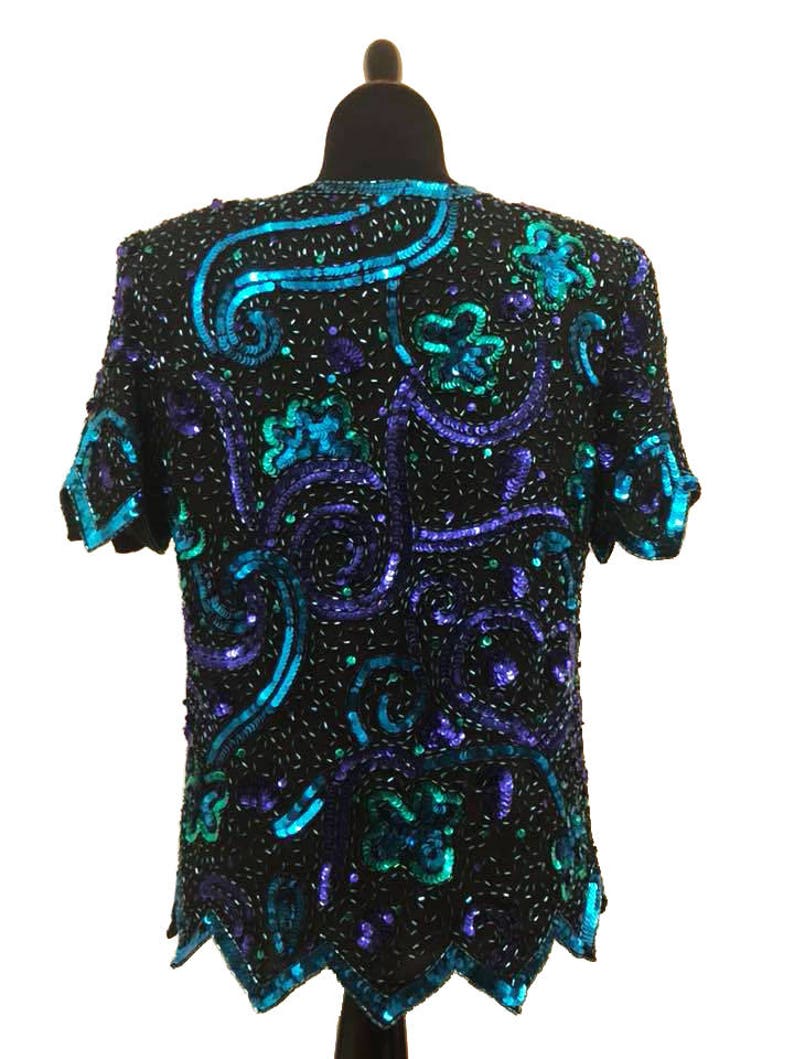 Vintage 1980/'s Blue and Purple Sequined Beaded Top 80/'s Formal Evening Blouse Sequin Fashion Date Night Size Medium Laurence Kazar