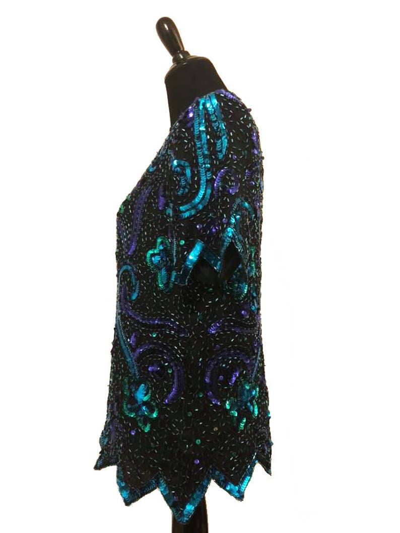 Vintage 1980/'s Blue and Purple Sequined Beaded Top 80/'s Formal Evening Blouse Sequin Fashion Date Night Size Medium Laurence Kazar