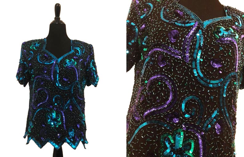 Vintage 1980/'s Blue and Purple Sequined Beaded Top 80/'s Formal Evening Blouse Sequin Fashion Date Night Size Medium Laurence Kazar