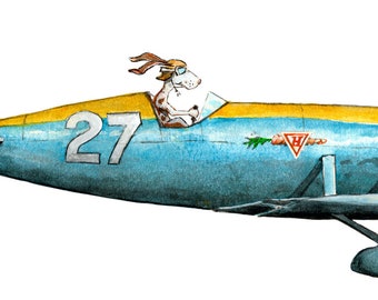 Vintage Airplane with Bunny Pilot Watercolor Artwork Print Boys Nursery Room 8" x 10" Baby Decor