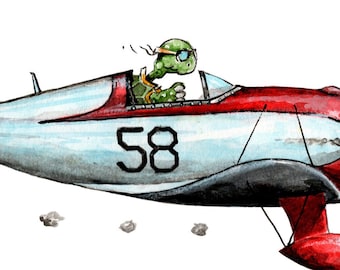 Vintage Airplane with Turtle Pilot Watercolor Artwork Print Boys Nursery Room 8" x 10" Baby Decor