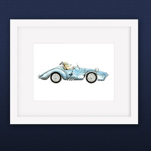 Vintage Race Car with Dog Driving Watercolor Artwork Print Boys Nursery Room 5 x 7 Baby Decor image 2