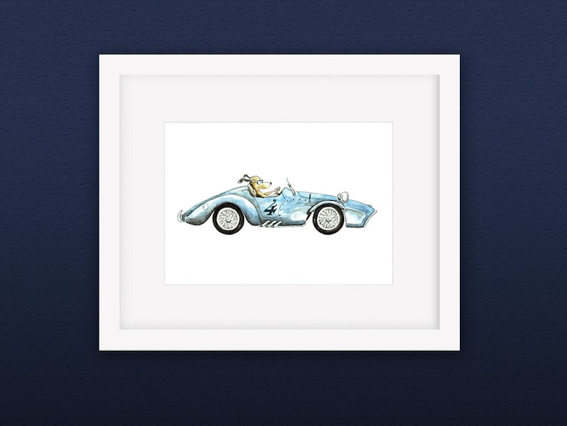 Vintage Race Car with Dog Driving Watercolor Artwork Print Boys Nursery Room 5 x 7 Baby Decor image 2