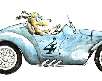 Dog in Vintage Race Car - PRINTABLE - Digital Download from Original Watercolor Artwork- Boys Nursery Room - Baby Decor