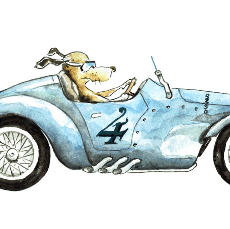 Vintage Race Car with Dog Driving Watercolor Artwork Print Boys Nursery Room 5 x 7 Baby Decor image 1