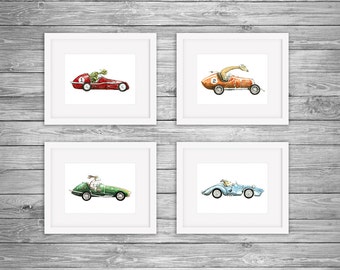 Set of 4 - Vintage Race Car with Animals Driving Watercolor Artwork Print Boys Nursery Room 5" x 7" Baby Decor