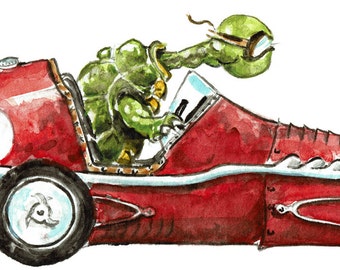 Vintage Race Car with Turtle Driving Watercolor Artwork Print Boys Nursery Room 5" x 7" Baby Decor