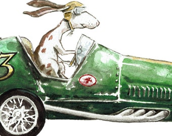 Bunny in Vintage Race Car - PRINTABLE - Digital Download from Original Watercolor Artwork- Boys Nursery Room - Baby Decor