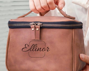 Neceser de piel grabado para mujer, estuche organizador de cosméticos personalizado, neceser vintage, regalo de Navidad para ella, neceser de maquillaje personalizado con cremallera.