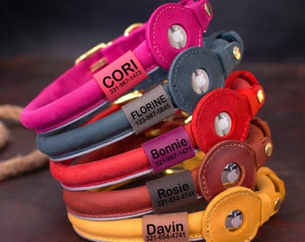 Collar de cuero enrollado para perro con soporte para AirTag, collar redondo reflectante con etiqueta de identificación personalizada, collares de seguimiento de seguridad para perros.