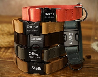 Personalized Dog Collar, Leather Dog Collar with Engraved Metal Buckle, Custom Pet Collars for Male and Female Dogs, Puppy Collar Leather