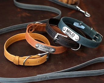 Hundhalsband i äkta läder med metall-ID-bricka, anpassat hundhalsband för pojke och flicka, justerbart valphalsband, graverade hundhalsband
