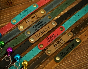 Custom Leather Cat Collar, Soft Cat Collar with Leather ID Tag, Personalized Boy Cat Collar Girl, Small Kitten Collars Sky Blue Pink Green