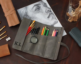 Leather Pencil Roll, Personalized Pencil Case, Engraved Pencil Pouch, Personalized Leather Gift, Leather Pen Pouch Case Holder, Artist Gifts