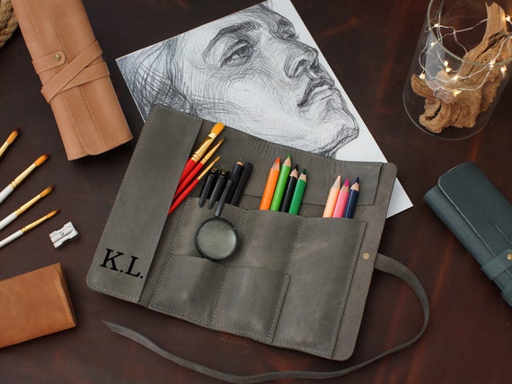 Leather Pencil Roll, Personalized Pencil Case, Engraved Pencil Pouch, Personalized Leather Gift, Leather Pen Pouch Case Holder, Artist Gifts