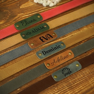 May include: A collection of six leather straps with personalized engraved name tags. The straps are in various colors, including red, brown, gray, and green. The name tags feature names like Eliana, Adam, Eva, Dominic, Adeline, and Yoga.