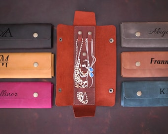 Estuche de viaje para joyas personalizado, estuche de cuero personalizado con grabado, regalo de Navidad para ella, estuche compacto para anillos y pendientes.