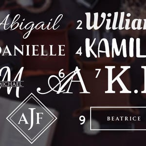 Op de afbeelding: Afbeelding met negen verschillende tekstontwerpen. De tekst bevat namen als Abigail, William, Danielle, Kamila, Michael en Beatrice, evenals initialen. De witte tekst is in verschillende lettertypen en stijlen, tegen een donkere achtergrond.