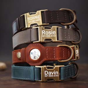 Custom Leather AirTag Dog Collar, Personalized Collar with AirTag Holder, Engraved Air Tag Pet Collar for Small Medium Large Dogs
