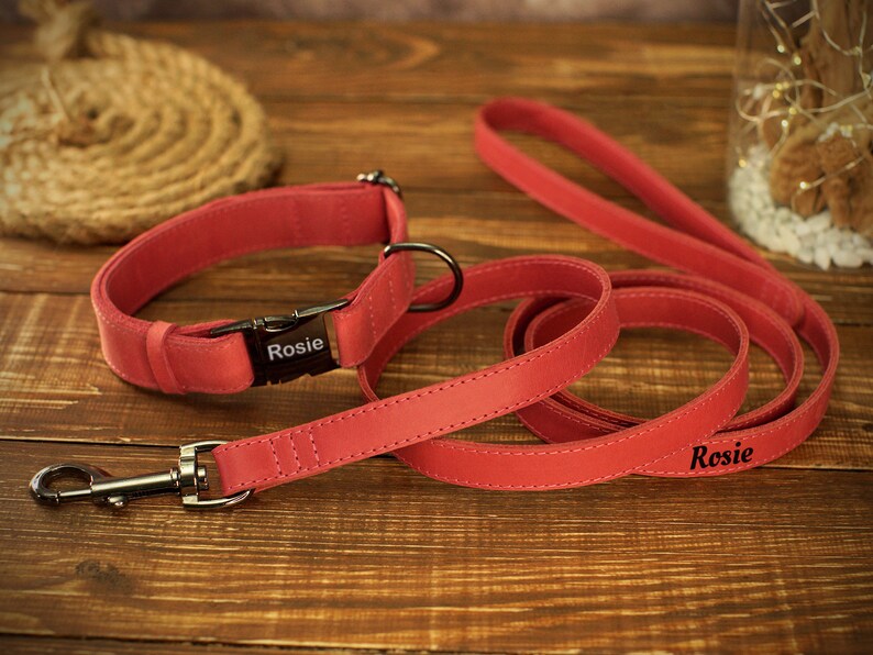 May include: A coral-colored dog collar and leash set. The collar has a black buckle with the name "Rosie" printed on it. The matching leash also has "Rosie" printed on it. The set is made of a soft material and has silver-colored hardware.