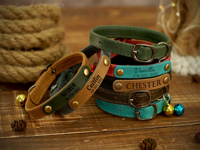 Puede incluir: Una pila de cinco collares de perro de cuero personalizados en varios colores, incluyendo verde, marr&oacute;n, azul y rojo. Cada collar tiene una hebilla de lat&oacute;n y una campana de metal. Los collares est&aacute;n grabados con nombres y n&uacute;meros de tel&eacute;fono: Mandy 486-736-4863, Caitlin 291-822-9355, Vanilla 274-395-3943 y Chester.