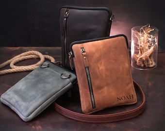 Genuine Leather Crossbody Bags for Men, Personalized Cell Phone Cross body Purse Bag, Travel Slim Bag with Strap, Birthday Gift for Him