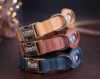 Collar de cuero para perro con soporte para AirTag, collar rastreador GPS ajustable para mascotas, collar AirTag personalizado, collar de seguridad para perros para niñas y niños