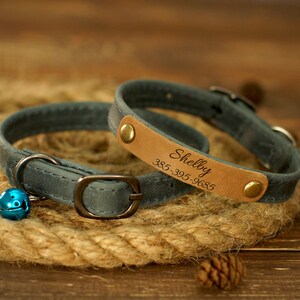 May include: Two gray leather cat collars with brass buckles and blue jingle bells. One collar has a tan leather tag with the name "Shelby" and a phone number. The collars are resting on a thick, coiled rope.