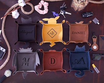 Bandeja de cuero personalizada, contenedor grabado personalizado, regalo para hombres y mujeres, porta llaves y dados, regalos de Navidad para él.