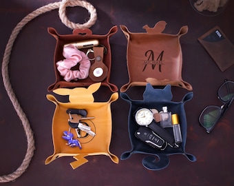 Bandeja de cuero personalizada, recipiente para todo, regalo para papá, organizador de escritorio, porta llaves y monedas con grabado para joyas, regalos para el hogar.