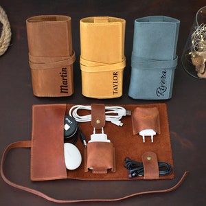 Custom Leather Cord Holder, Personalized Cable Organizer for Men & Women, Travel Cable Case with Engraved, Cord Keeper, Gift for Traveller