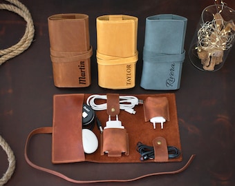 Custom Leather Cord Holder, Personalized Cable Organizer for Men & Women, Travel Cable Case with Engraved, Cord Keeper, Gift for Traveller