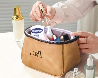 Neceser de cuero personalizado con asa, neceser personalizado con cremallera, regalo para hombre, organizador de cosméticos de viaje grabado, regalo para dama de honor.