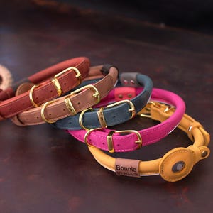 Reflective Rolled Leather Dog Collar with AirTag Holder, Round Airtag Dog Collar, Personalized Apple Air Tag Pet Collar, Puppy Airtag Collar
