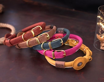 Reflective Rolled Leather Dog Collar with AirTag Holder, Round Airtag Dog Collar, Personalized Apple Air Tag Pet Collar, Puppy Airtag Collar