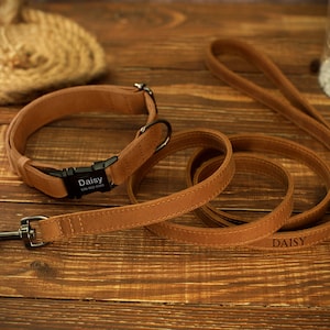 May include: A tan leather dog collar and matching leash set. The collar has a black buckle with the name "Daisy" and a phone number. The leash also has the name "Daisy" engraved on it. The set is on a wooden surface.