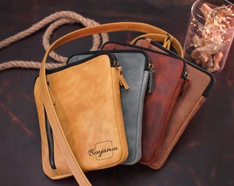 Leather Small Crossbody Bag, Custom Slim Phone Purse for Women, Engraved Shoulder Pouch, Personalized  Travel Organizer, Gifts for Her