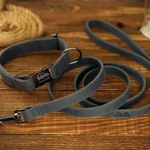May include: A gray dog collar and matching leash set. The collar has a metal buckle with the name "Stella" and a phone number. The leash also has the name "Stella" printed on it. The set is made of a soft, durable material.