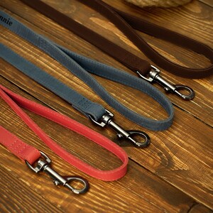 May include: A selection of dog leashes in various colors, including red, blue, and brown. Each leash features a metal clasp and a loop handle. One leash is personalized with the name "Bonnie". The leashes are arranged on a wooden surface.