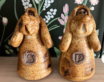 Handmade pottery, ceramic, salt & pepper shaker set puppy dog. Kitchen decor