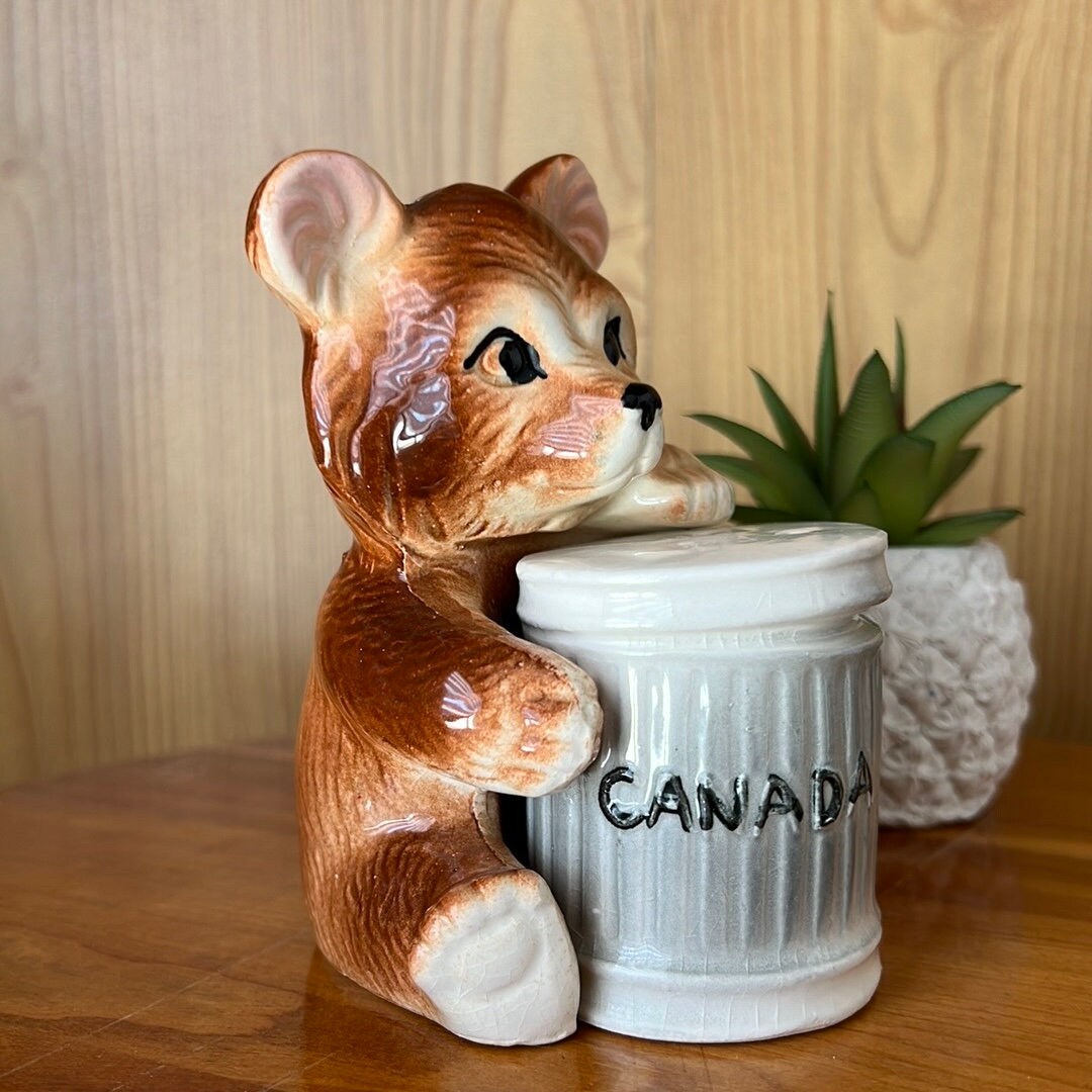 VINTAGE Canada Brown Bear & Trash Can 1960's Salt and Pepper