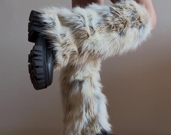 Ivory Ginger Gray Colorful Vegan Fur Leg Warmers, Fake Fur High Warmers, Faux Fur Boots Covers, Krampus, Halloween, Festival Warmers