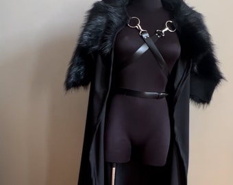 Black Fur Collar Cape Leather Belts, Viking Cape, Halloween Cape, Fur Shoulder Drape Cloak, Shaman