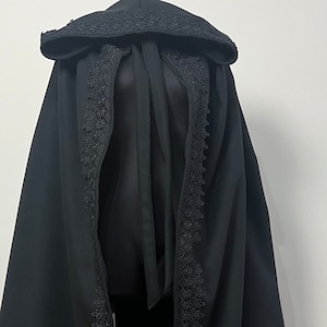 Wide Black Wool Hooded Cloak with Lace, Plus Size Wool Hooded Coat Lace, Halloween Cape, Blue Wool Hooded Cape, Medieval Cape, Autumn Cloak