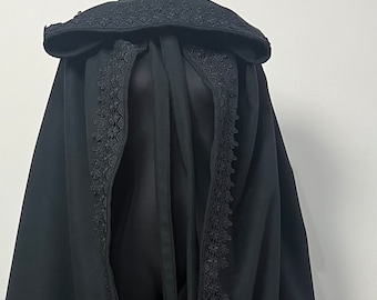 Plus Size Black Wool Hooded Cloak with Lace, Edged Wide Wool Coat with Large Hood, Long Autumn Warm Wool Cape