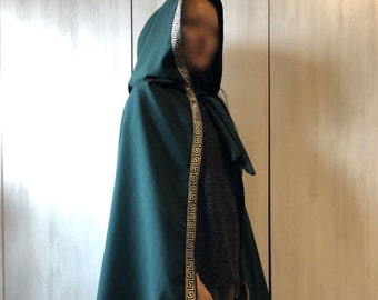 Medieval Hooded Cloak, Middle Ages Dark Green Cape, Bronze Edged Capelet, Elven, Reconstruction Fantasy, Fairy