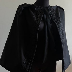 Black Wool Cape with Lace, Wool Capelet with Lace, Spring Cape, Black Cape