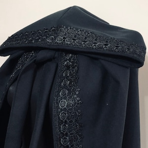 Black Wool Hooded Cloak with Lace, Wool Hooded Coat Lace, Halloween Cape, Wool Hooded Cape, Medieval Cape, Autumn Cloak